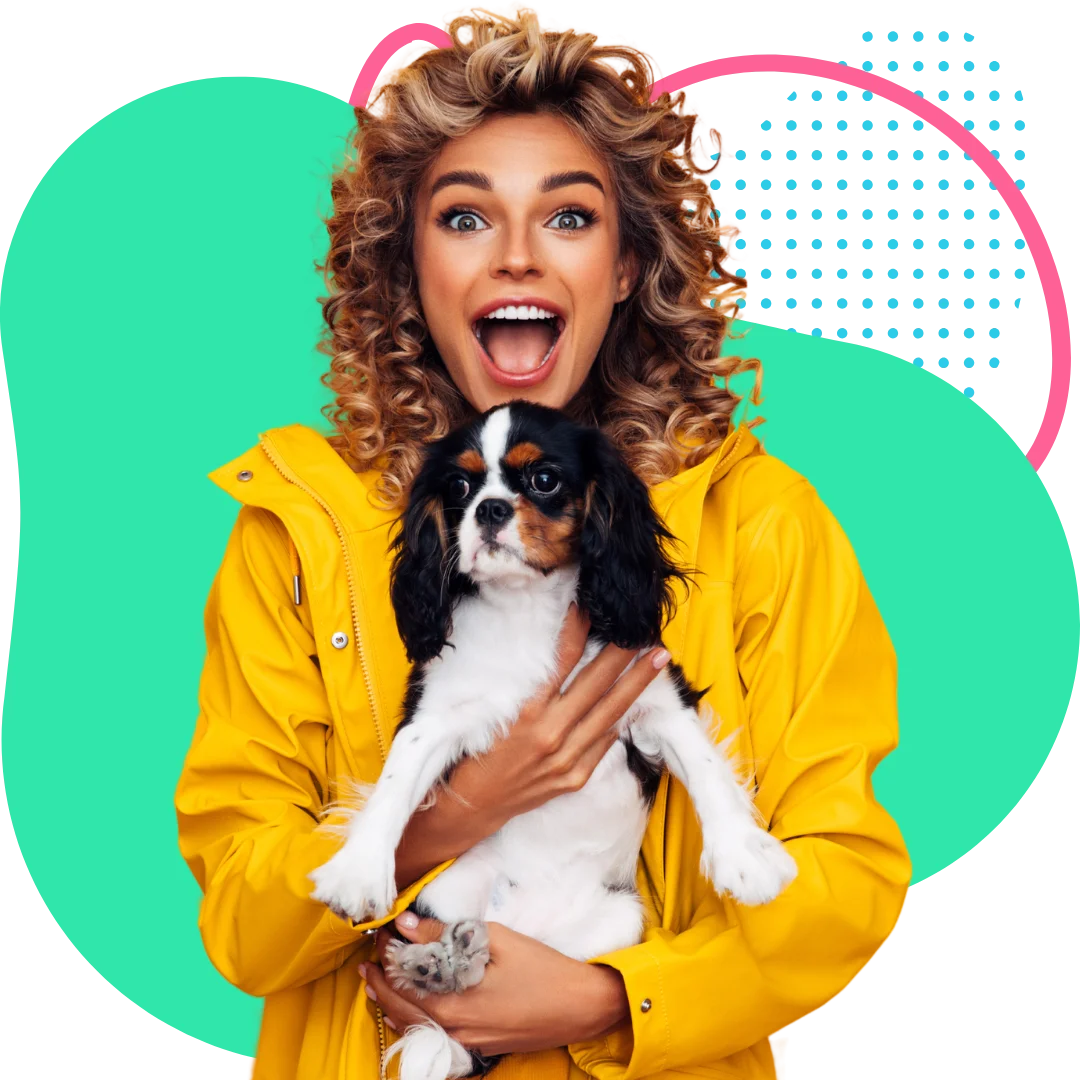 A woman holding a little dog with abstract shapes behind them