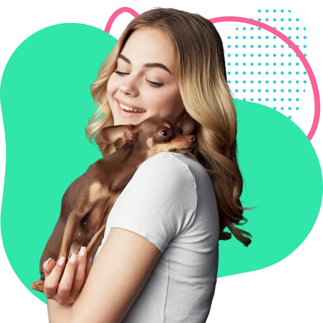 A woman holding a small dog with abstract shapes behind them