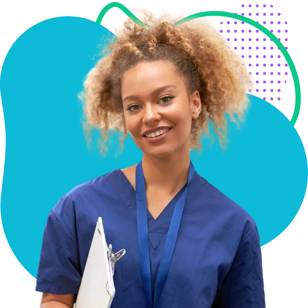 veterinarian in dark blue scrubs with a colorful abstract background